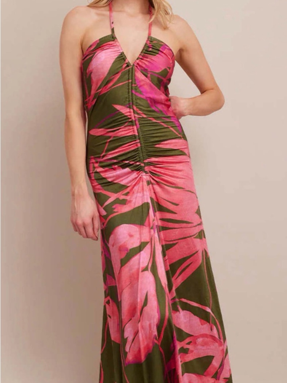 Cara Cara Pink & Olive Botanical Halter Maxi Dress